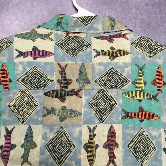 Campia Moda Mens Hawaiian Shirt size XL Short‎ Sleeve Tribal Fish Graphic Green - Picture 7 of 16